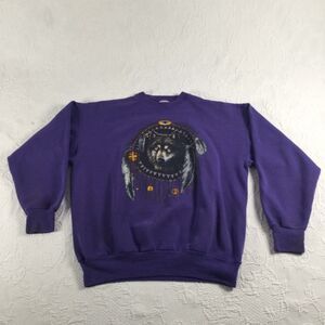 Vintage 90s Native Wolf Sweater Large Purple Long Sleeve Mens Pullover USA